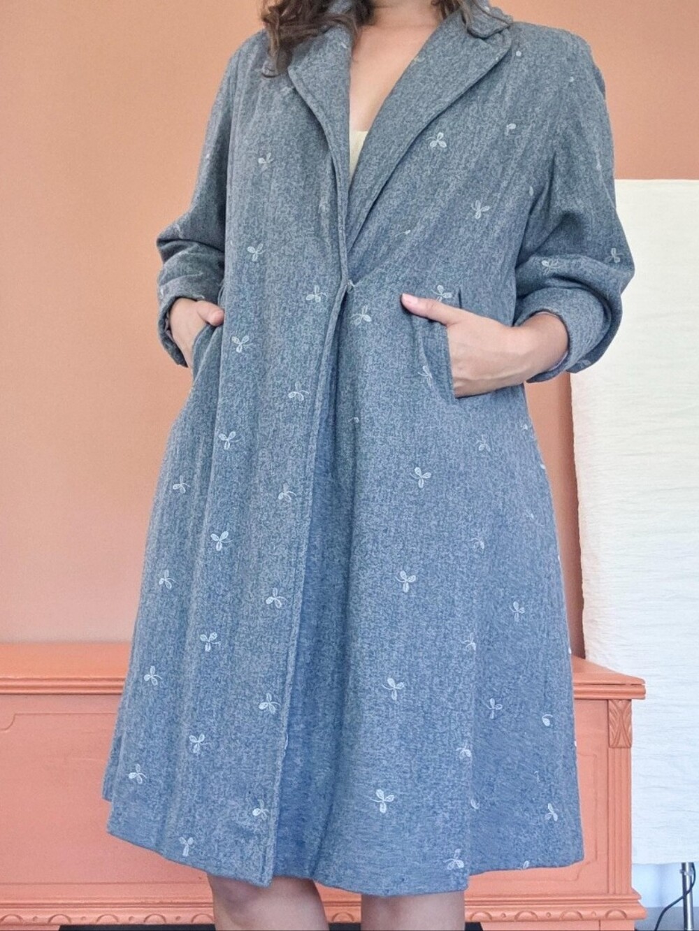 Vintage 1950s Gray Wool Swing Coat with Embroidered Clovers by Rose Singer
